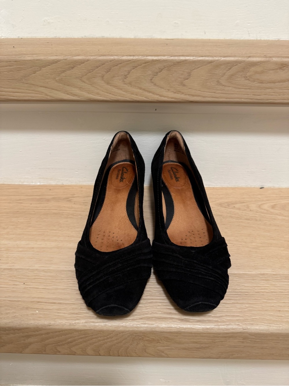 Clarks Black Suede Ruched Peep-Toe Flats